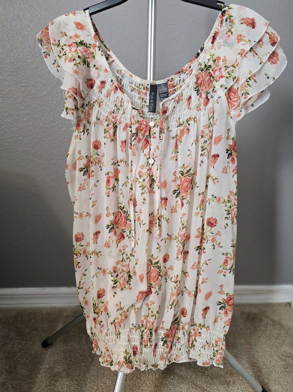 Fun & Flirt 2X Ivory Floral Flutter Sleeve Blouse Smocked Boho Top